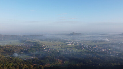 aerial view of the Special Region of Yogyakarta on a foggy morning