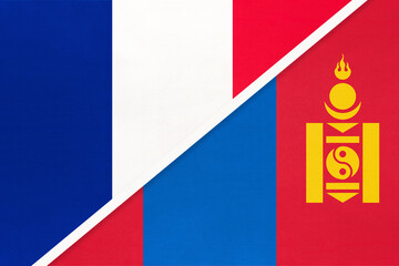 France and Mongolia, symbol of national flags from textile. Championship between two countries.