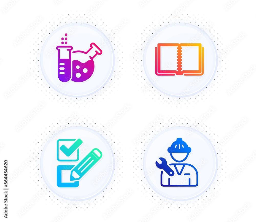 Poster chemistry lab, book and checkbox icons simple set. button with halftone dots. repairman sign. labora