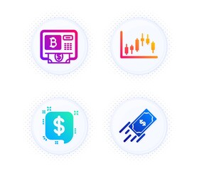 Payment message, Candlestick graph and Bitcoin atm icons simple set. Button with halftone dots. Fast payment sign. Finance, Finance chart, Cryptocurrency change. Finance set. Vector