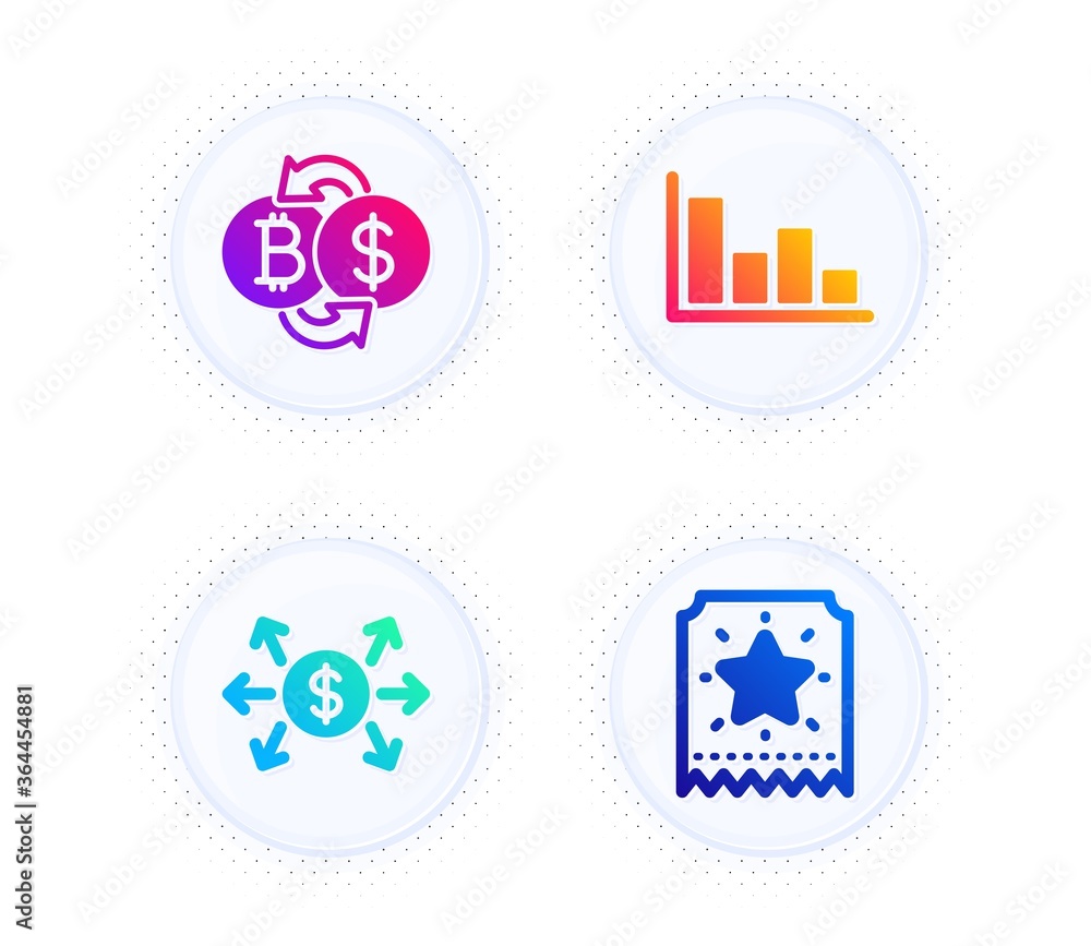 Poster histogram, dollar exchange and bitcoin exchange icons simple set. button with halftone dots. loyalty