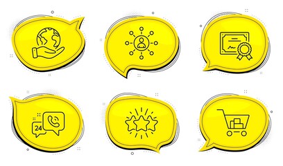 Networking sign. Diploma certificate, save planet chat bubbles. Star, Internet shopping and 24h service line icons set. Customer feedback, Cart with purchases, Call support. Vector