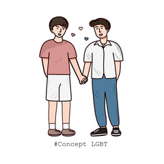 Concept LGBT. Cartoon couple gay on white background. Vector illustration in flat character cartoon style. Same sex marriage, romantic homosexual 