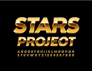 Vector chic banner Stars Project. 3D Gold Font with Sparkling. Glittering shiny Alphabet Letters and Numbers
