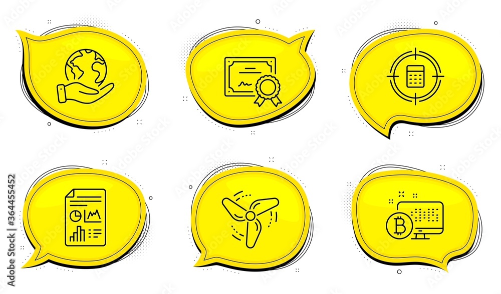 Poster report document sign. diploma certificate, save planet chat bubbles. wind energy, bitcoin system and
