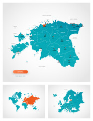 Editable template of map of Estonia with marks. Estonia on world map and on Europe map.
