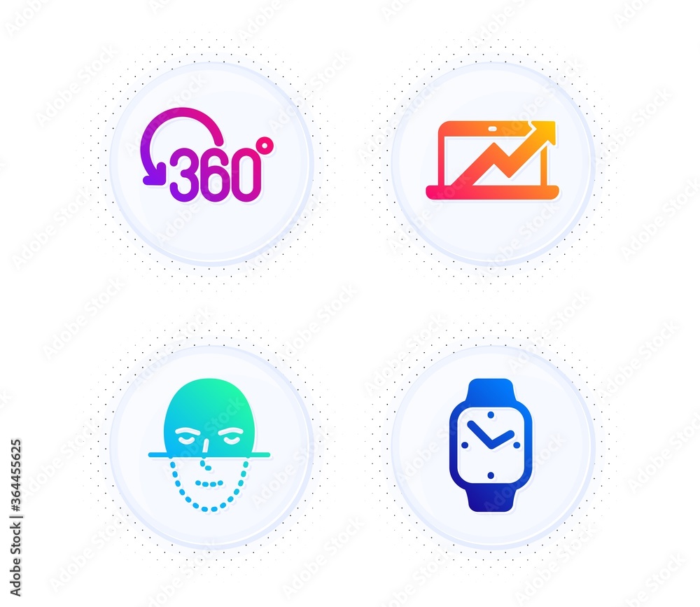 Poster sales diagram, full rotation and face recognition icons simple set. button with halftone dots. smart