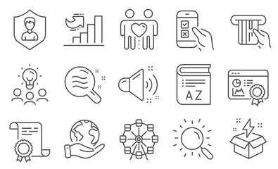 Set of Business icons, such as Search, Security agency. Diploma, ideas, save planet. Skin condition, Growth chart, Mobile survey. Creative idea, Credit card, Seo certificate. Vector