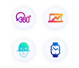 Sales diagram, Full rotation and Face recognition icons simple set. Button with halftone dots. Smartwatch sign. Sale growth chart, 360 degree, Faces biometrics. Digital time. Science set. Vector