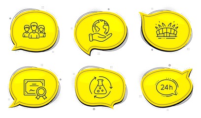 Arena stadium sign. Diploma certificate, save planet chat bubbles. Chemistry experiment, 24h service and Teamwork line icons set. Laboratory flask, Call support, Group of users. Sport complex. Vector