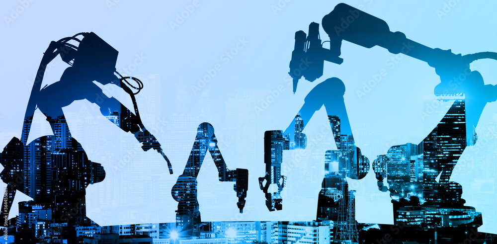 Aufkleber Double exposure of modern automation robot arms with Ai assistant technology network concept and metropolis city building background.