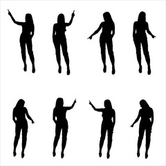 Silhouettes set of elegant young business woman pointing finger using interactive touch screen in different poses. Layered vector illustration. 
