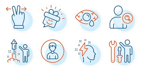 Ð¡onjunctivitis eye, Brainstorming and Person signs. Touchscreen gesture, Find user and Fireworks line icons set. Repairman, Smile symbols. Swipe, Search person. People set. Outline icons set. Vector