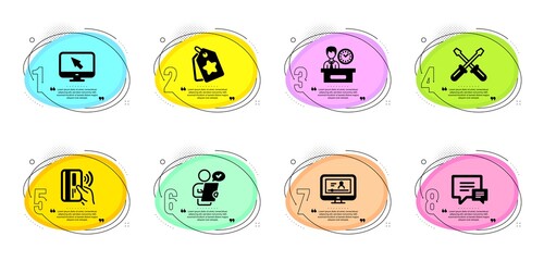 Internet, Customer survey and Presentation time signs. Timeline infographic. Contactless payment, Online video and Screwdriverl line icons set. Loyalty tags, Comment symbols. Vector