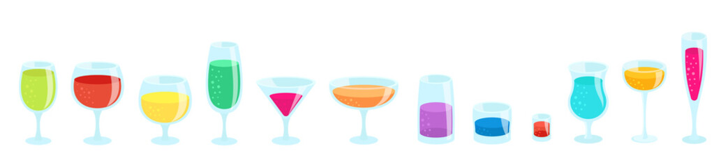 Set of glasses with drinks. Beverage glassware kit. Cocktail glasses. Horizontal banner. Flat vector color illustration.