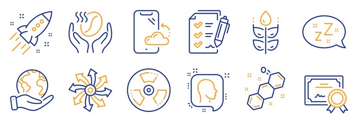 Fototapeta premium Set of Business icons, such as Coffee, Smartphone cloud. Certificate, save planet. Versatile, Gluten free, Survey checklist. Startup rocket, Sleep, Chemical formula. Vector