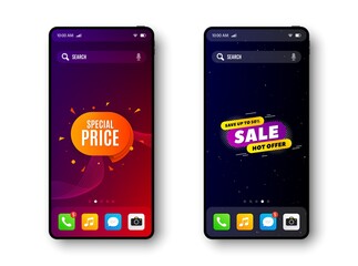 Special price, 50% sale. Smartphone screen banner. Discount offer badge Mobile phone screen interface. Smartphone display promotion template. Online application banner. Vector