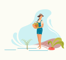 Gardening and harvesting, woman with freshly picked vegetables in a basket, flat vector illustration.