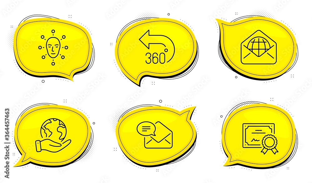 Poster 360 degrees sign. diploma certificate, save planet chat bubbles. web mail, face biometrics and new m