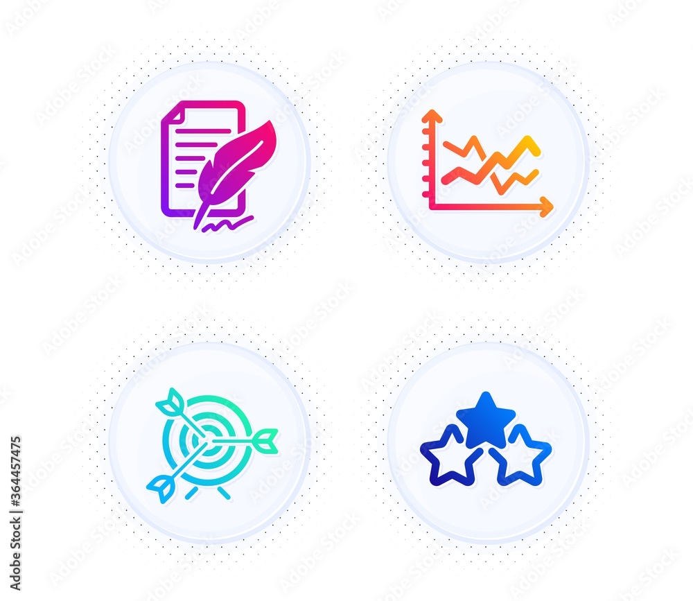 Poster target, feather signature and diagram chart icons simple set. button with halftone dots. ranking sta