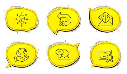 360 degrees sign. Diploma certificate, save planet chat bubbles. Web mail, Face biometrics and New mail line icons set. World communication, Facial recognition, Received e-mail. Full rotation. Vector