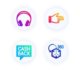 Money transfer, Headphones and Click hand icons simple set. Button with halftone dots. Augmented reality sign. Cashback message, Music listening device, Direction finger. Virtual reality. Vector