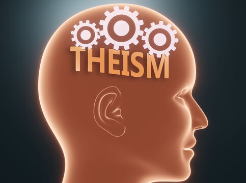 Theism inside human mind - pictured as word Theism inside a head with cogwheels to symbolize that Theism is what people may think about and that it affects their behavior, 3d illustration