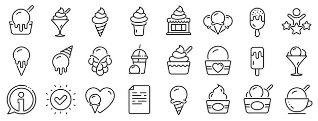 Vanilla sundae, frozen yogurt, bubble waffle. Ice cream line icons. Sweet dessert food, milkshake with ice cream, sundae icons. Smoothie drink, frozen coffee, sorbet wafer. Vector