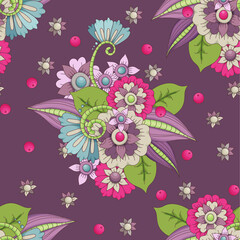 Seamless floral pattern for printing on fabric and paper. Colors are blue pink and eggplant.