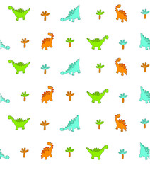 Vector pattern with cartoon dinosaurs. Colored dinosaurs on a white background. Seamless pattern.
