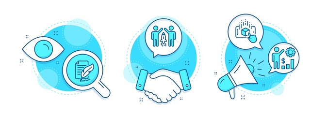 Augmented reality, Feather signature and Employees wealth line icons set. Handshake deal, research and promotion complex icons. Partnership sign. Phone simulation, Feedback, Results chart. Vector