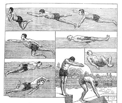 Swim learning for practice lesson (Swim strokes) / Vintage and Antique illustration from Petit Larousse 1914	