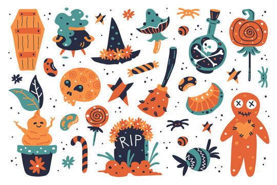 Happy Halloween design elements. Halloween clipart with witch hat, pumpkin, mushroom, broom, gravestone, sweets, witches cauldron, moon, poison, sweets, tomb, cauldron, mandragora, beans, stars.