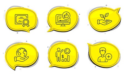 Helping hand sign. Diploma certificate, save planet chat bubbles. Add person, Like video and Employees wealth line icons set. Edit user data, Thumbs up, Results chart. Startup palm. People set. Vector