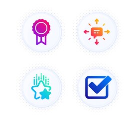 Sms, Reward and Ranking stars icons simple set. Button with halftone dots. Checkbox sign. Conversation, Best medal, Winner award. Approved tick. Education set. Gradient flat sms icon. Vector