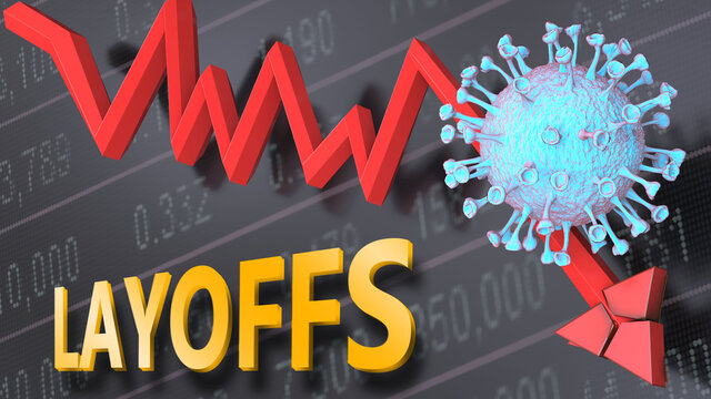 Covid Virus And Layoffs, Symbolized By A Price Stock Graph Falling Down, The Virus And Word Layoffs To Picture That Corona Outbreak Impacts Layoffs In A Negative Way, 3d Illustration