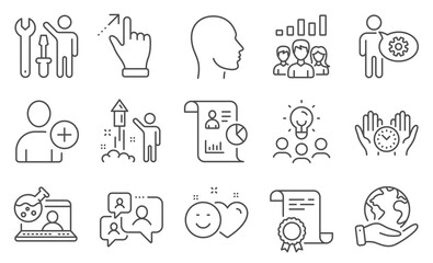 Set of People icons, such as Add user, Touchscreen gesture. Diploma, ideas, save planet. Safe time, Online chemistry, Report. Fireworks, Head, Support chat. Cogwheel, Repairman, Smile. Vector