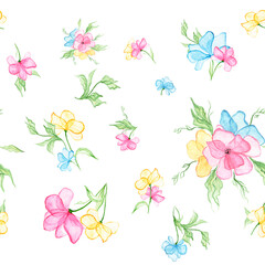 Multicolored pattern with watercolor flowers and leaves.