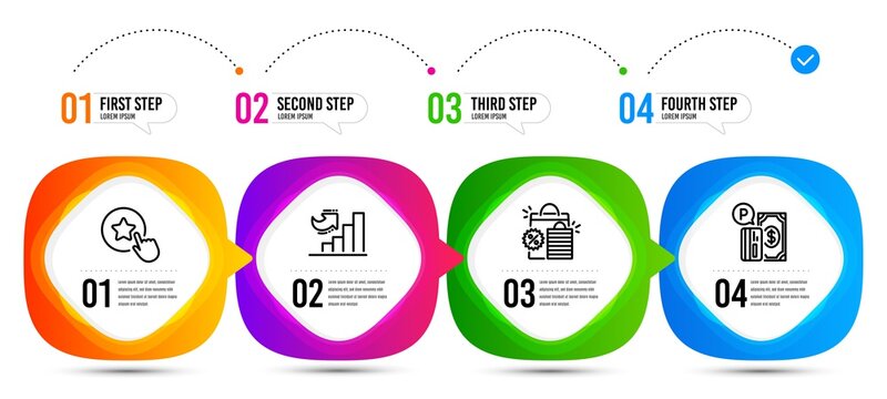 Growth chart, Parking payment and Loyalty star line icons set. Timeline steps. Shopping bags sign. Diagram graph, Paid garage, Bonus reward. Sale discount. Finance set. Vector
