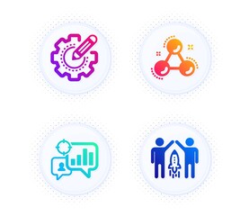 Fototapeta premium Seo statistics, Chemistry molecule and Settings gear icons simple set. Button with halftone dots. Partnership sign. Analytics chart, Laboratory atom, Technology process. Business startup. Vector