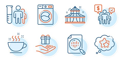 Analytics chart, Ranking stars and Medical analyzes signs. Circus, Coffee cup and Washing machine line icons set. Teamwork, Loyalty program symbols. Attraction park, Hot drink. Business set. Vector