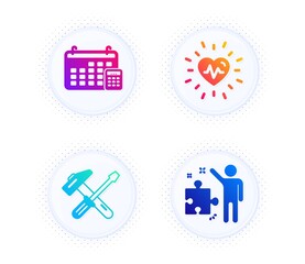 Heartbeat, Hammer tool and Calendar icons simple set. Button with halftone dots. Strategy sign. Medical heart, Repair screwdriver, Calculator device. Business plan. Business set. Vector