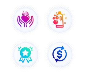 Hold heart, Clean bubbles and Ranking star icons simple set. Button with halftone dots. Usd exchange sign. Care love, Laundry shampoo, Winner medal. Currency rate. Business set. Vector