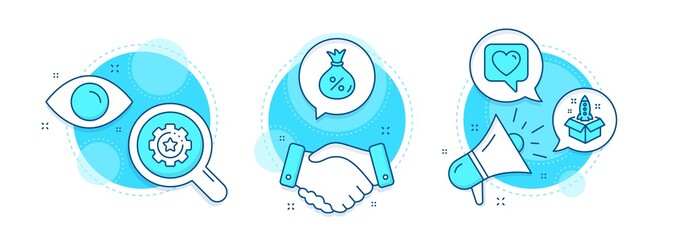 Settings gear, Loan and Startup line icons set. Handshake deal, research and promotion complex icons. Heart sign. Technology process, Money bag, Innovation. Like rating. Technology set. Vector