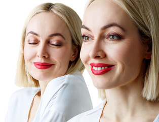 Collage of beautiful adult business woman in white blouse.