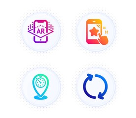Timer, Augmented reality and Star rating icons simple set. Button with halftone dots. Refresh sign. Location pointer, Phone simulation, Phone feedback. Rotation. Technology set. Vector