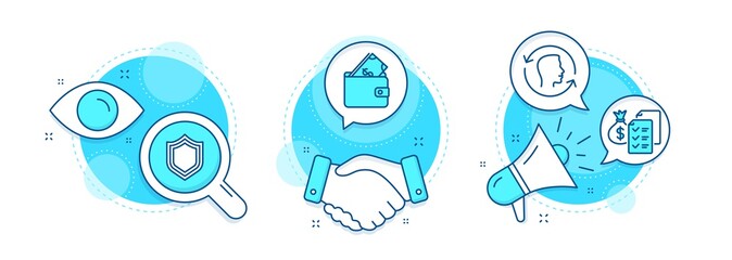 Accounting wealth, Security and Wallet line icons set. Handshake deal, research and promotion complex icons. Face id sign. Audit report, Protection shield, Usd cash. Identification system. Vector