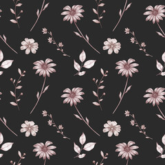 Seamless floral pattern. Black background. Graphic flowers. Suitable for printing on fabric. Gift paper.