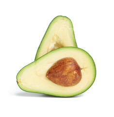 half ripe green avocado with a brown stone isolated on a white background