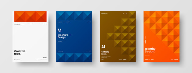 Fototapeta premium Company identity brochure template collection. Business presentation vector A4 vertical orientation front page mock up set. Corporate report cover abstract geometric illustration design layout bundle.